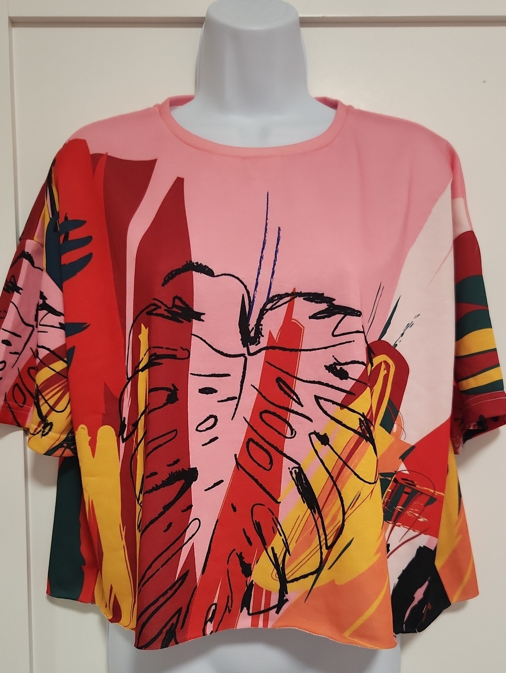 Pink Abstract Floral Print Boxy Short-Sleeve Tee